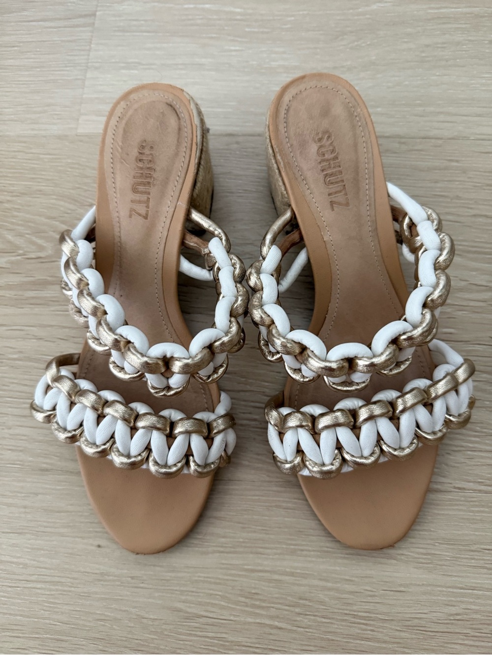 SCHUTZ White and Gold Braided Leather Slide Heels